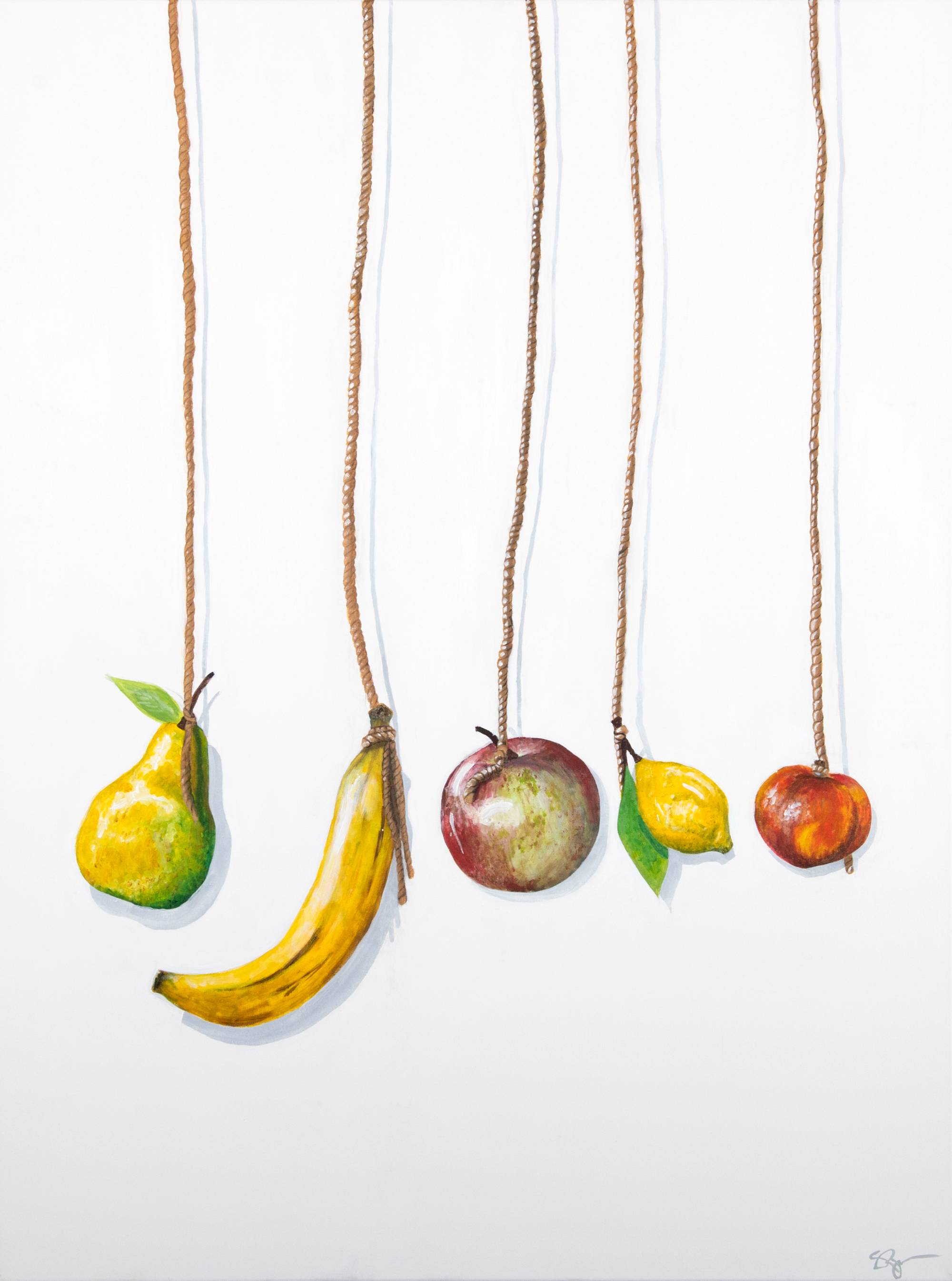 Painting with fruit being hung with rope on white background.